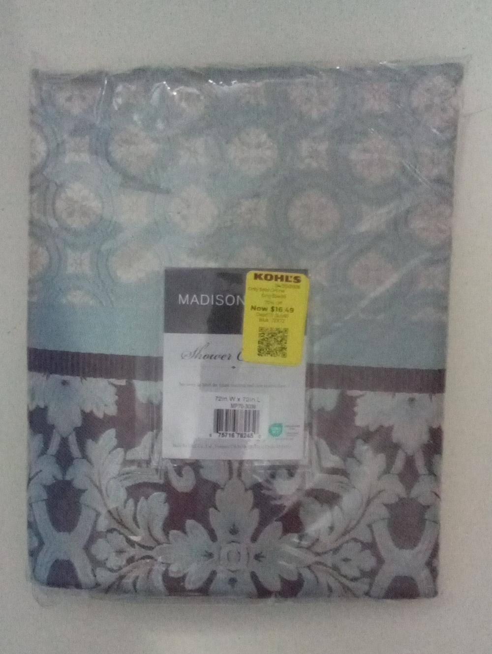 Madison Park Aqua and Brown Damask Shower Curtain NWT $54.99
